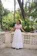 Load image into Gallery viewer, White Designer 14kg Rayon Gathering Frill Gown with Kutchi Gamthi Embroidery ClothsVilla