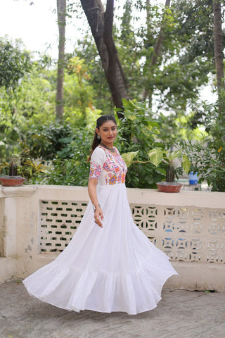 White Designer 14kg Rayon Gathering Frill Gown with Kutchi Gamthi Embroidery ClothsVilla
