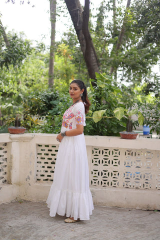 White Designer 14kg Rayon Gathering Frill Gown with Kutchi Gamthi Embroidery ClothsVilla