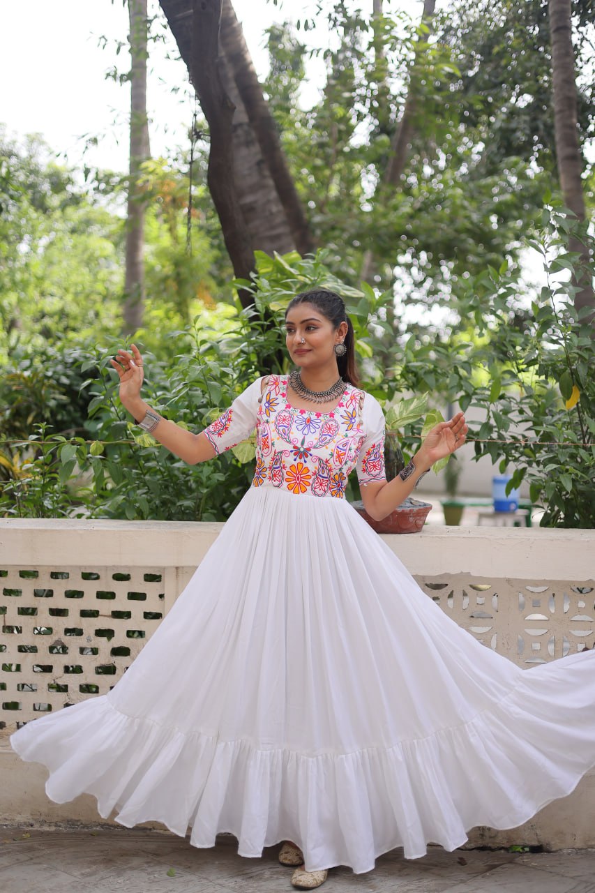 White Designer 14kg Rayon Gathering Frill Gown with Kutchi Gamthi Embroidery ClothsVilla