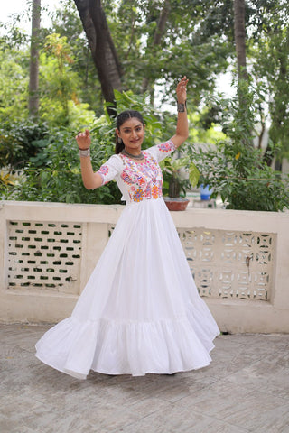 White Designer 14kg Rayon Gathering Frill Gown with Kutchi Gamthi Embroidery ClothsVilla