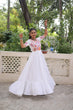 Load image into Gallery viewer, White Designer 14kg Rayon Gathering Frill Gown with Kutchi Gamthi Embroidery ClothsVilla