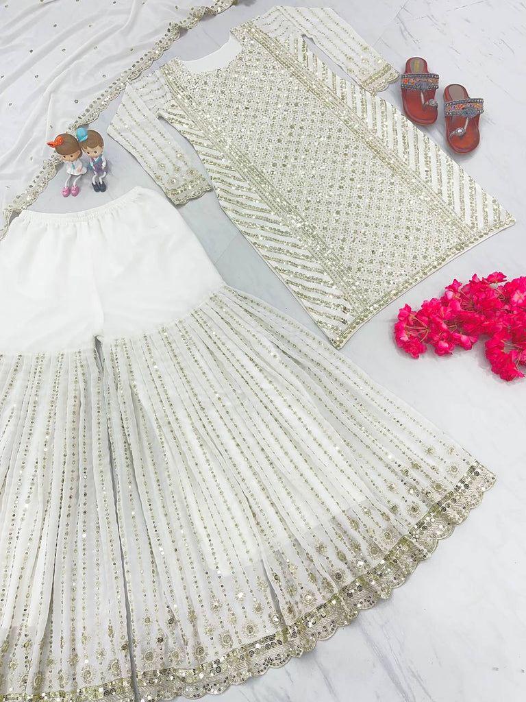 White Designer Attractive Sequence Work Sharara Suit White Designer Attractive Sequence Work Sharara Suit