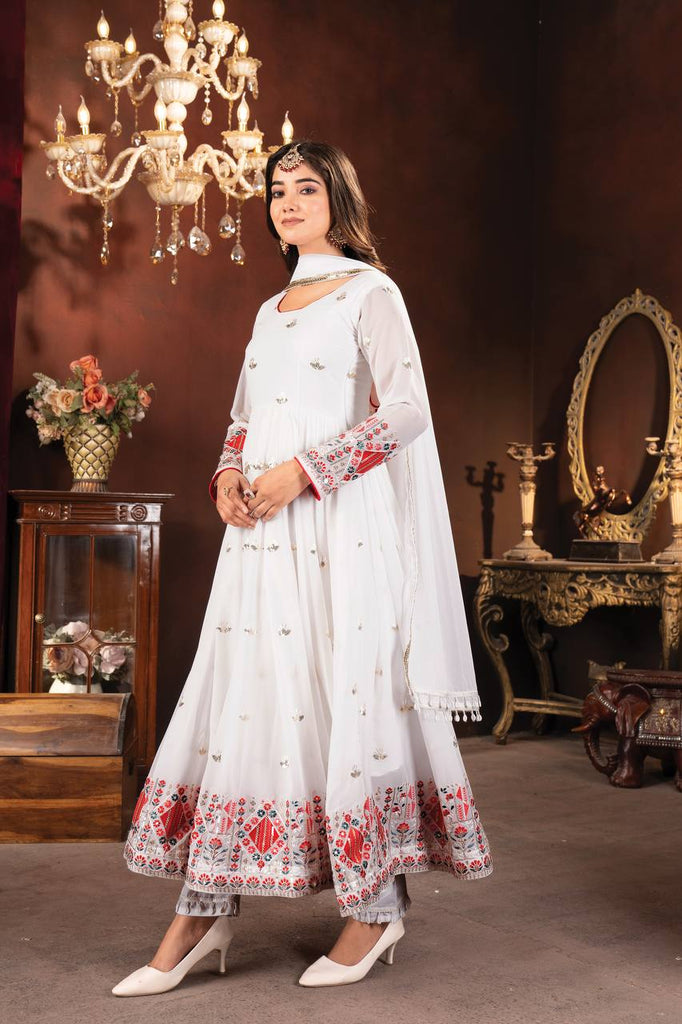 White Designer Faux Blooming Anarkali Suit with Heavy Sequins, Embroidery & Moti Lace Work ClothsVilla