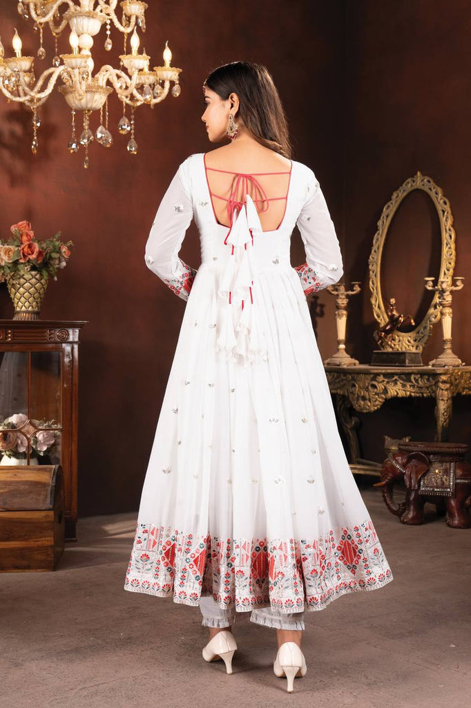 White Designer Faux Blooming Anarkali Suit with Heavy Sequins, Embroidery & Moti Lace Work ClothsVilla