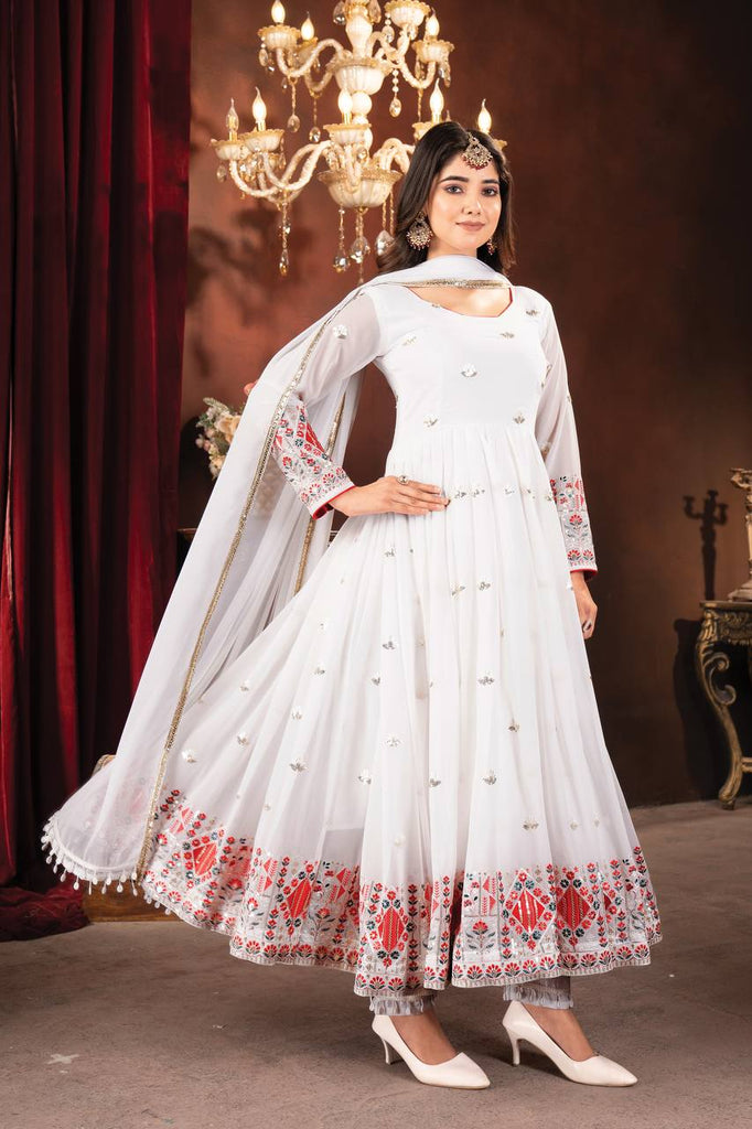 White Designer Faux Blooming Anarkali Suit with Heavy Sequins, Embroidery & Moti Lace Work ClothsVilla
