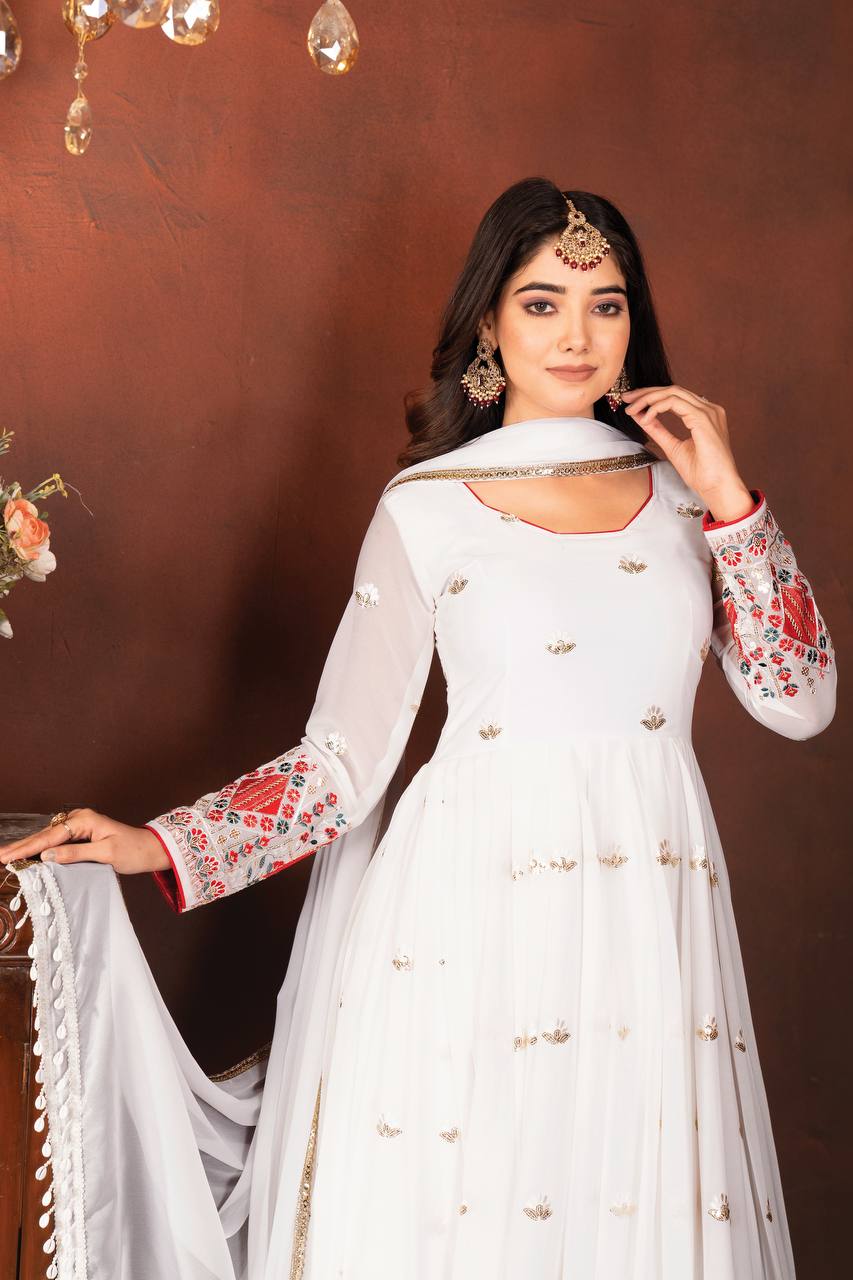 White Designer Faux Blooming Anarkali Suit with Heavy Sequins, Embroidery & Moti Lace Work ClothsVilla