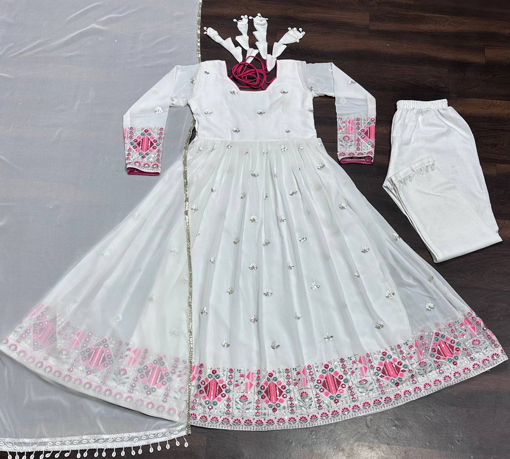 White Designer Faux Blooming Anarkali Suit with Heavy Sequins, Embroidery & Moti Lace Work ClothsVilla