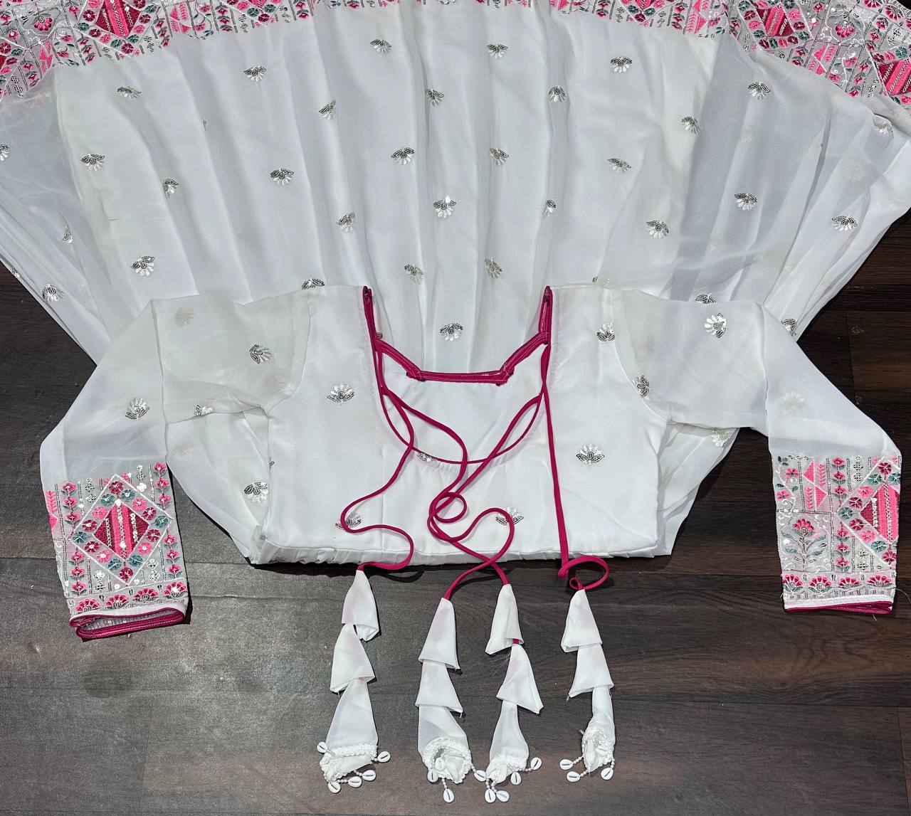 White Designer Faux Blooming Anarkali Suit with Heavy Sequins, Embroidery & Moti Lace Work ClothsVilla