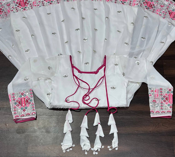 White Designer Faux Blooming Anarkali Suit with Heavy Sequins, Embroidery & Moti Lace Work ClothsVilla