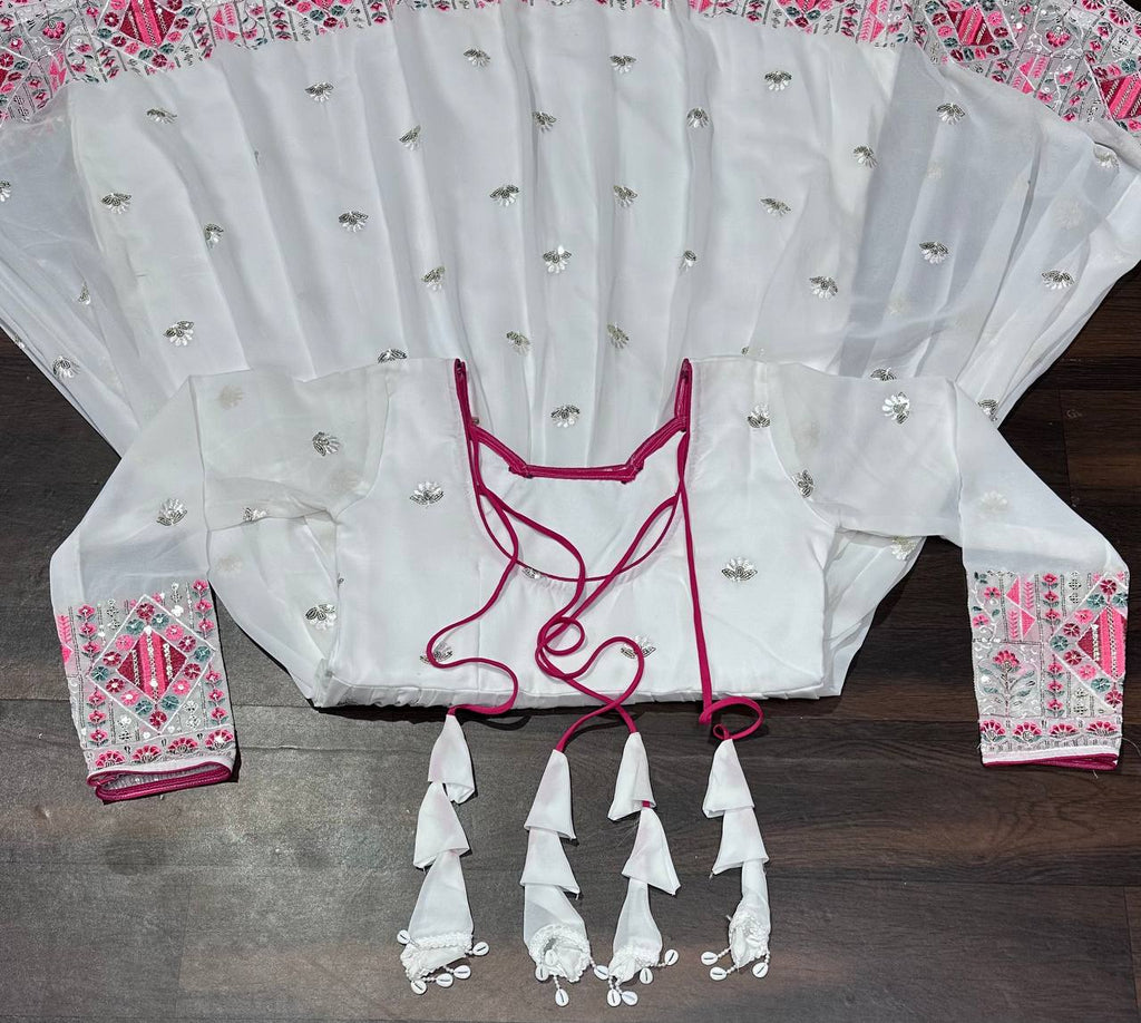 White Designer Faux Blooming Anarkali Suit with Heavy Sequins, Embroidery & Moti Lace Work ClothsVilla