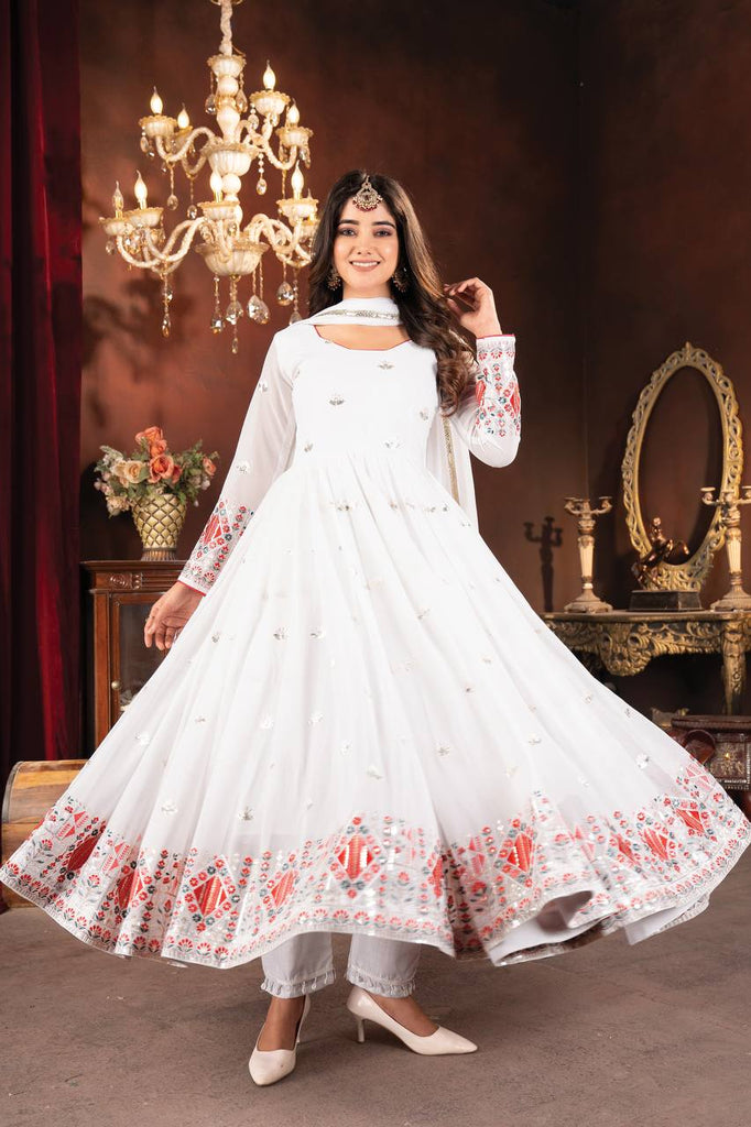 White Designer Faux Blooming Anarkali Suit with Heavy Sequins, Embroidery & Moti Lace Work ClothsVilla