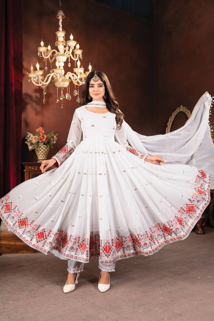 White Designer Faux Blooming Anarkali Suit with Heavy Sequins, Embroidery & Moti Lace Work ClothsVilla