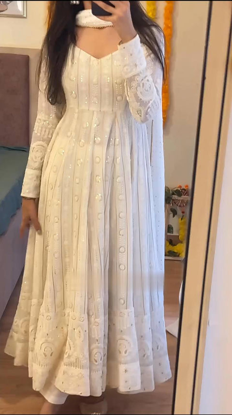 White Designer Faux Blooming Anarkali Suit with Heavy Sequins & Zari Embroidery, Pants & Dupatta ClothsVilla Main image