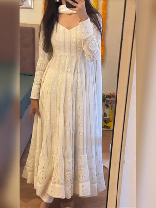 White Designer Faux Blooming Anarkali Suit with Heavy Sequins & Zari Embroidery, Pants & Dupatta ClothsVilla