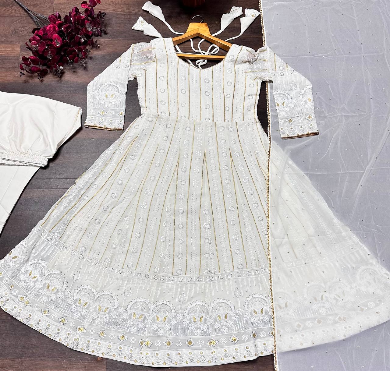 White Designer Faux Blooming Anarkali Suit with Heavy Sequins & Zari Embroidery, Pants & Dupatta ClothsVilla