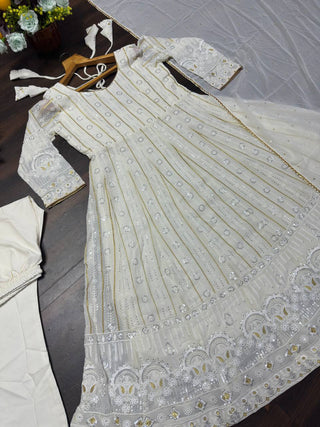 White Designer Faux Blooming Anarkali Suit with Heavy Sequins & Zari Embroidery, Pants & Dupatta ClothsVilla