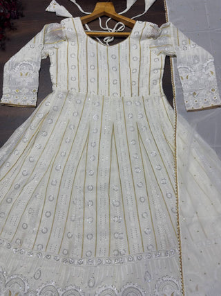 White Designer Faux Blooming Anarkali Suit with Heavy Sequins & Zari Embroidery, Pants & Dupatta ClothsVilla