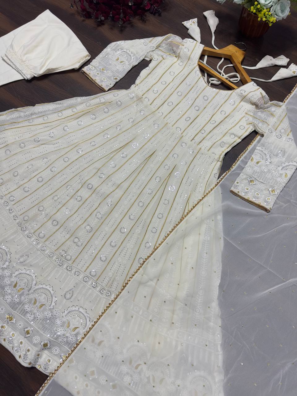 White Designer Faux Blooming Anarkali Suit with Heavy Sequins & Zari Embroidery, Pants & Dupatta ClothsVilla