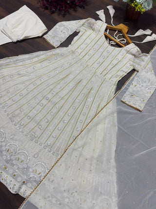White Designer Faux Blooming Anarkali Suit with Heavy Sequins & Zari Embroidery, Pants & Dupatta ClothsVilla