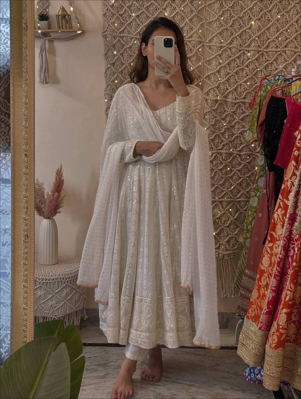White Designer Faux Blooming Embroidered Gown Set with 3mm Sequins, Zari Work, Matching Pant & Faux Georgette Dupatta – Fully Stitched Festive & Party Wear ClothsVilla Main image