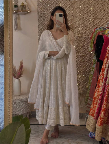 White Designer Faux Blooming Embroidered Gown Set with 3mm Sequins, Zari Work, Matching Pant & Faux Georgette Dupatta – Fully Stitched Festive & Party Wear ClothsVilla