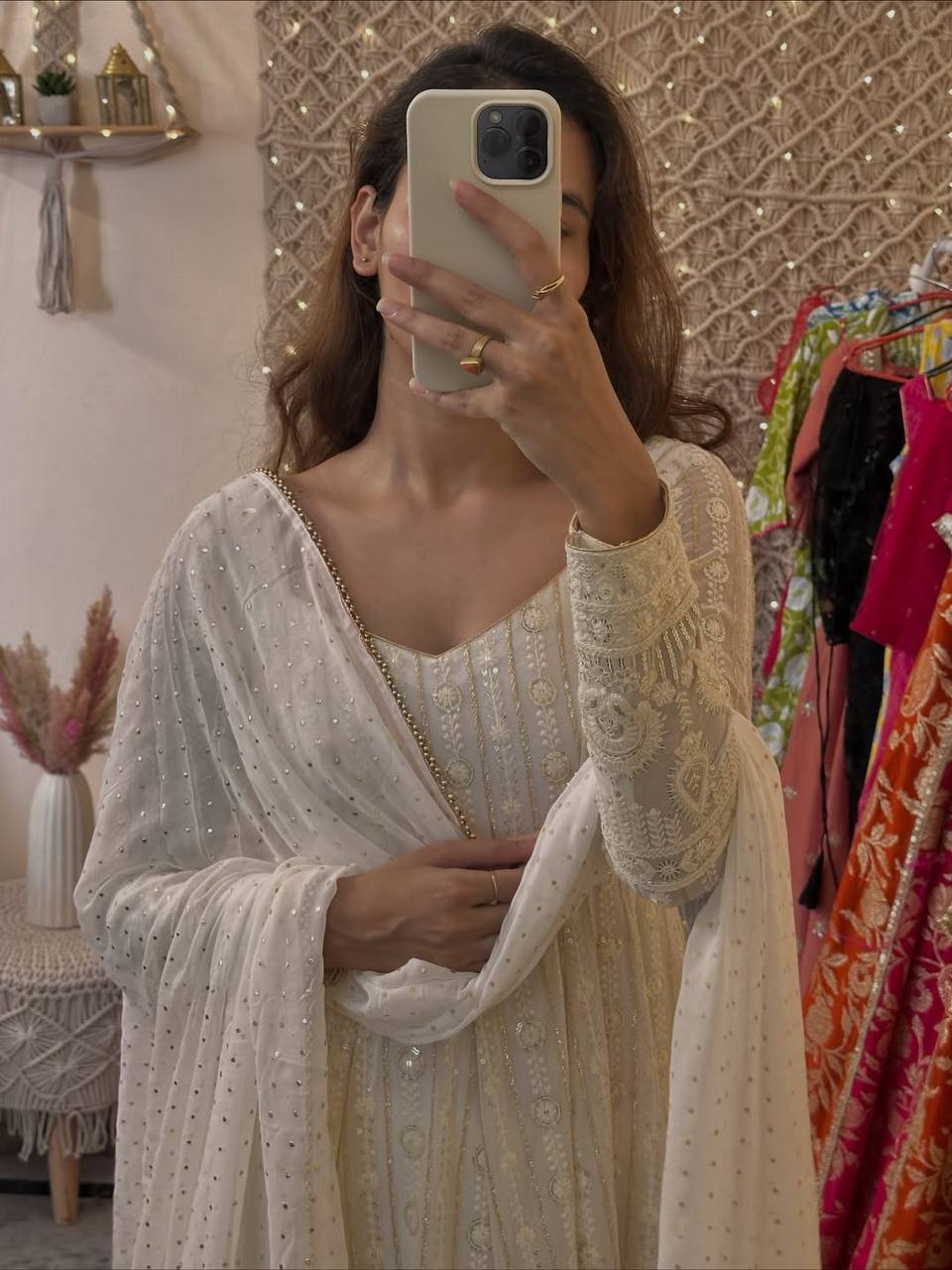 White Designer Faux Blooming Embroidered Gown Set with 3mm Sequins, Zari Work, Matching Pant & Faux Georgette Dupatta – Fully Stitched Festive & Party Wear ClothsVilla