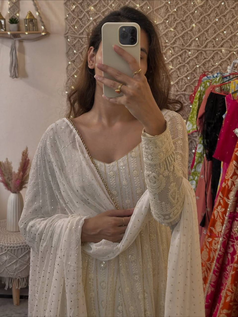 White Designer Faux Blooming Embroidered Gown Set with 3mm Sequins, Zari Work, Matching Pant & Faux Georgette Dupatta – Fully Stitched Festive & Party Wear ClothsVilla