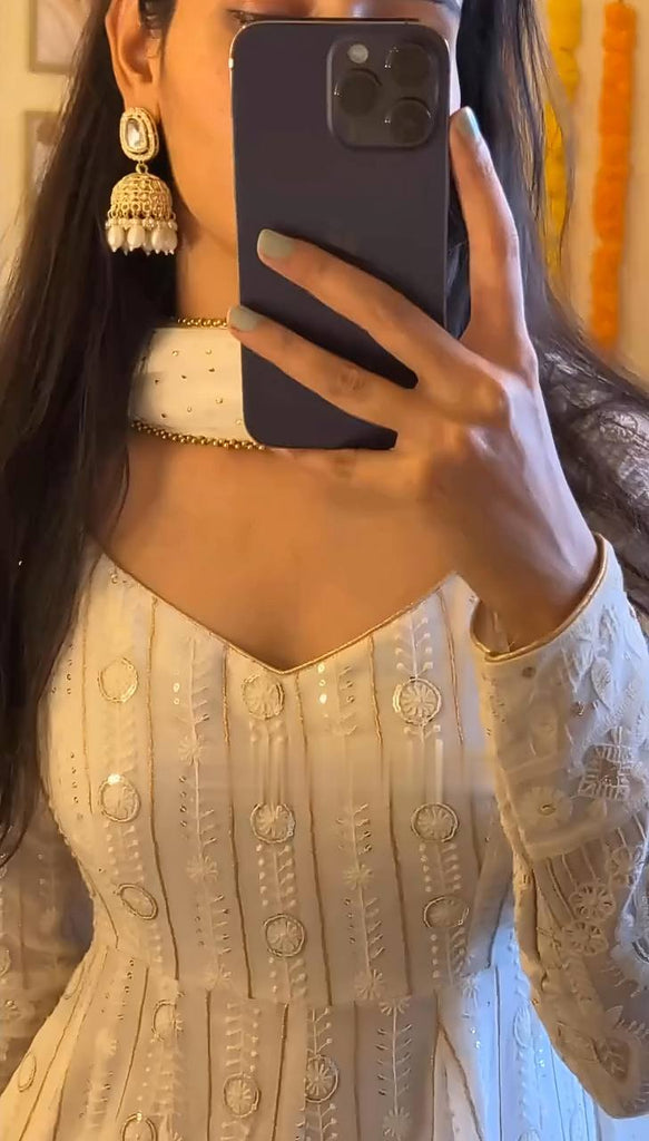 White Designer Faux Blooming Embroidered Gown Set with 3mm Sequins, Zari Work, Matching Pant & Faux Georgette Dupatta – Fully Stitched Festive & Party Wear ClothsVilla