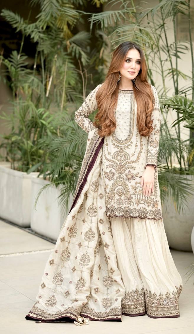 White Designer Faux Georgette Heavy Embroidered Top & Plazzo Set with 5mm Sequins & Rivet Moti Work ClothsVilla