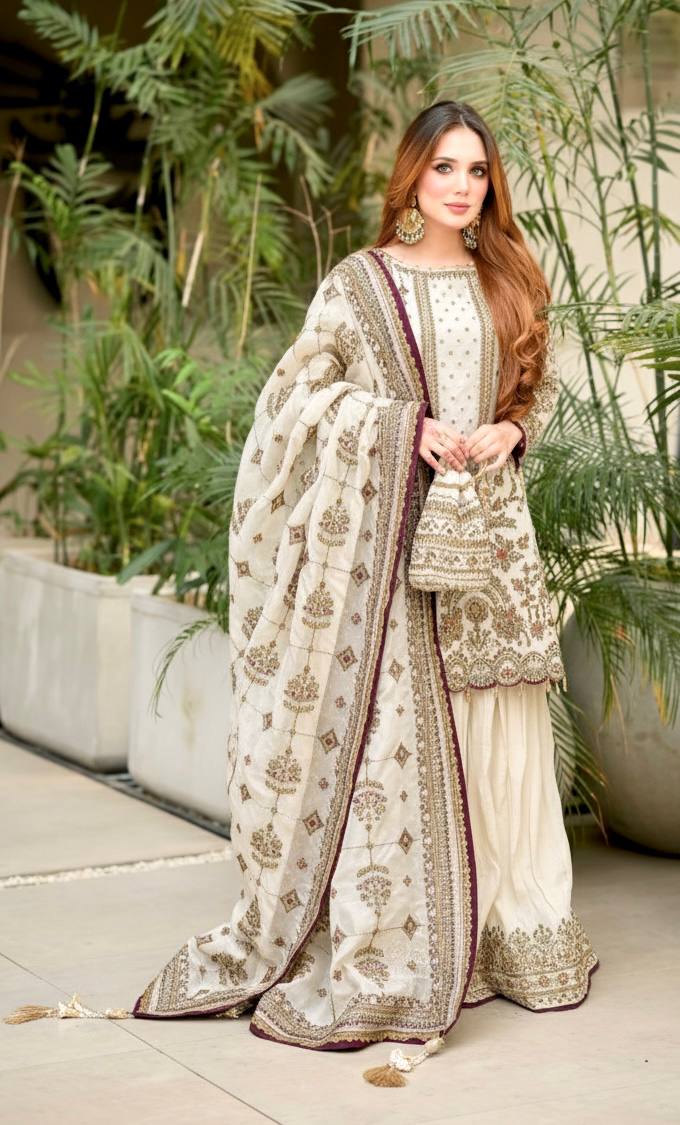 White Designer Faux Georgette Heavy Embroidered Top & Plazzo Set with 5mm Sequins & Rivet Moti Work ClothsVilla