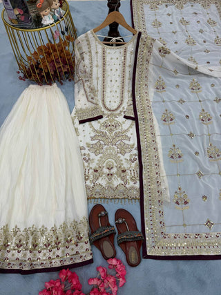 White Designer Faux Georgette Heavy Embroidered Top & Plazzo Set with 5mm Sequins & Rivet Moti Work ClothsVilla
