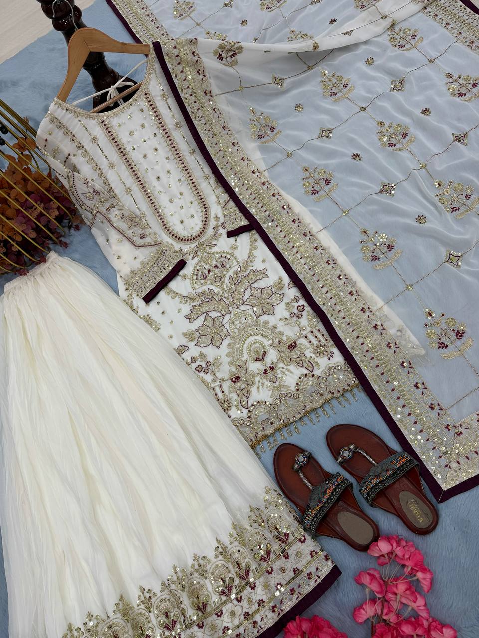White Designer Faux Georgette Heavy Embroidered Top & Plazzo Set with 5mm Sequins & Rivet Moti Work ClothsVilla