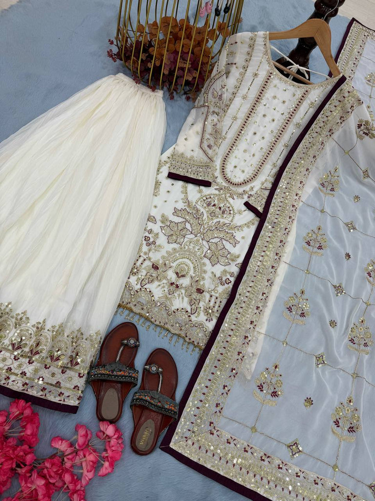 White Designer Faux Georgette Heavy Embroidered Top & Plazzo Set with 5mm Sequins & Rivet Moti Work ClothsVilla