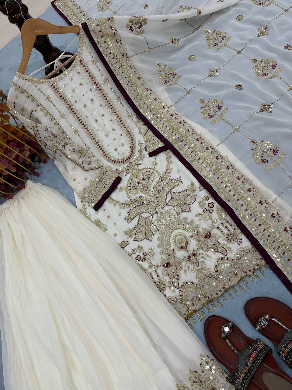 White Designer Faux Georgette Heavy Embroidered Top & Plazzo Set with 5mm Sequins & Rivet Moti Work ClothsVilla