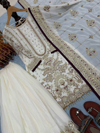 White Designer Faux Georgette Heavy Embroidered Top & Plazzo Set with 5mm Sequins & Rivet Moti Work ClothsVilla
