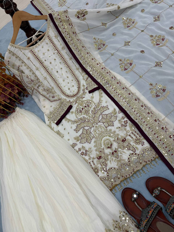 White Designer Faux Georgette Heavy Embroidered Top & Plazzo Set with 5mm Sequins & Rivet Moti Work ClothsVilla