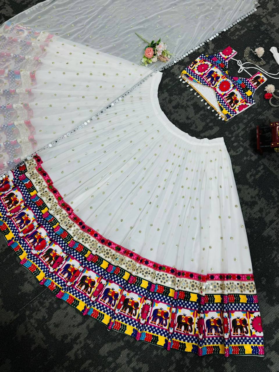 White Designer Faux Georgette Lehenga Choli Set with Real Mirror & Chain Stitch Work ClothsVilla