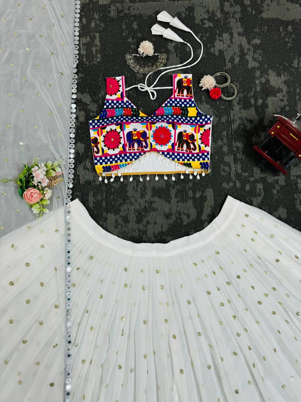 White Designer Faux Georgette Lehenga Choli Set with Real Mirror & Chain Stitch Work ClothsVilla