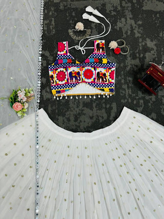 White Designer Faux Georgette Lehenga Choli Set with Real Mirror & Chain Stitch Work ClothsVilla