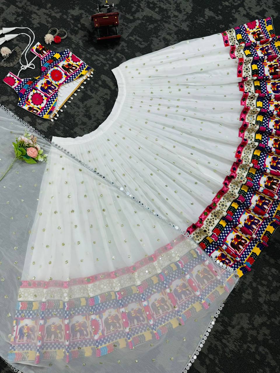 White Designer Faux Georgette Lehenga Choli Set with Real Mirror & Chain Stitch Work ClothsVilla