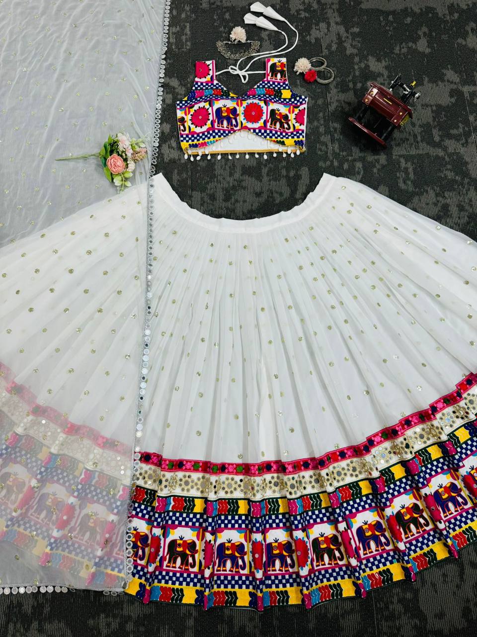 White Designer Faux Georgette Lehenga Choli Set with Real Mirror & Chain Stitch Work ClothsVilla