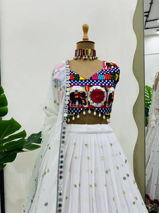 White Designer Faux Georgette Lehenga Choli Set with Real Mirror & Chain Stitch Work ClothsVilla