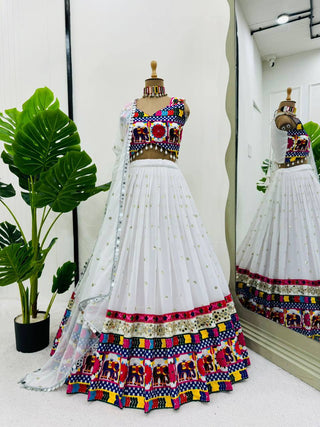 White Designer Faux Georgette Lehenga Choli Set with Real Mirror & Chain Stitch Work ClothsVilla