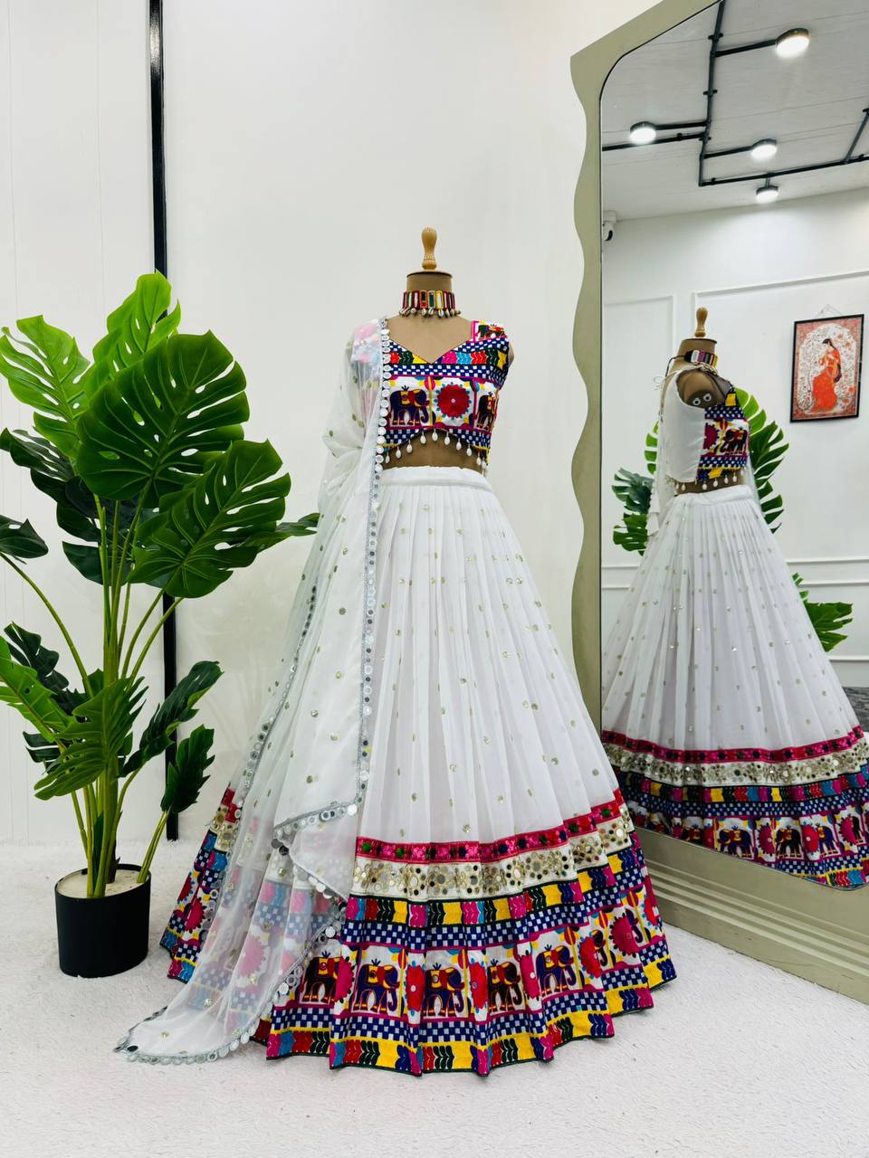 White Designer Faux Georgette Lehenga Choli Set with Real Mirror & Chain Stitch Work ClothsVilla