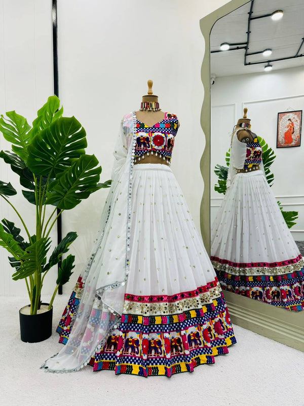 White Designer Faux Georgette Lehenga Choli Set with Real Mirror & Chain Stitch Work ClothsVilla
