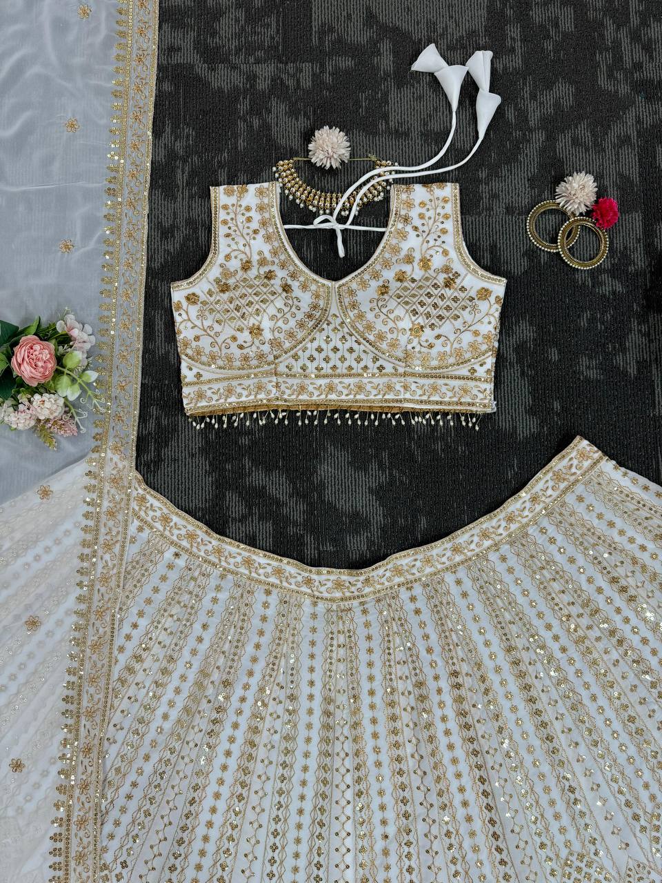 White Designer Fox Georgette Semi-Stitched Lehengha Set with Sequin & Thread Work ClothsVilla