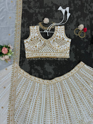 White Designer Fox Georgette Semi-Stitched Lehengha Set with Sequin & Thread Work ClothsVilla