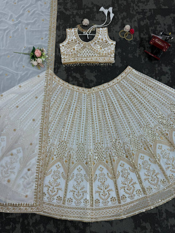 White Designer Fox Georgette Semi-Stitched Lehengha Set with Sequin & Thread Work ClothsVilla