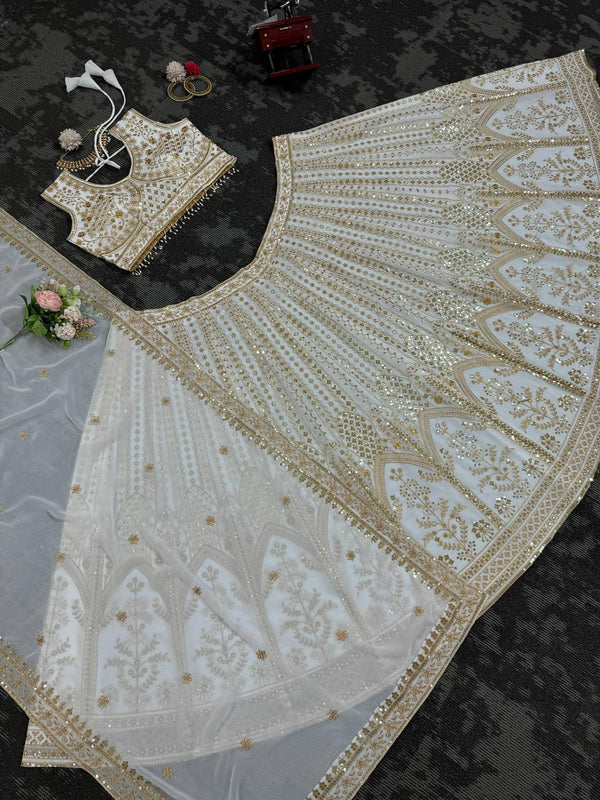 White Designer Fox Georgette Semi-Stitched Lehengha Set with Sequin & Thread Work ClothsVilla